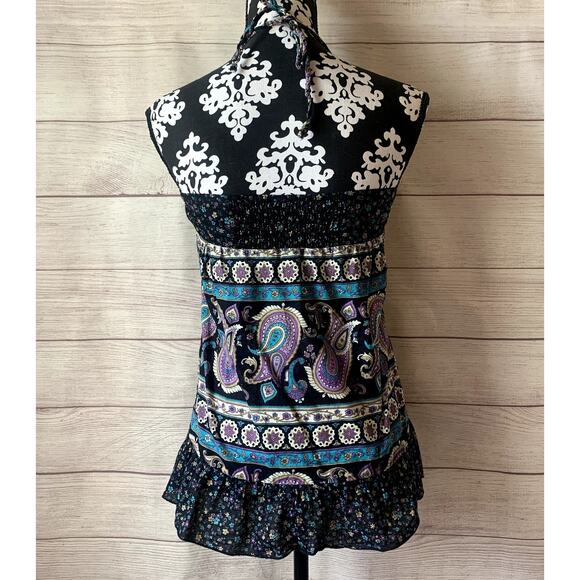Paisley and Floral Black Purple Blue Halter Tank Top Ruffle Peplum Bottom - Picture 8 of 8